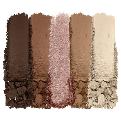 Set of five eyeshadow swatches in brown, pink, and beige shades on a white background