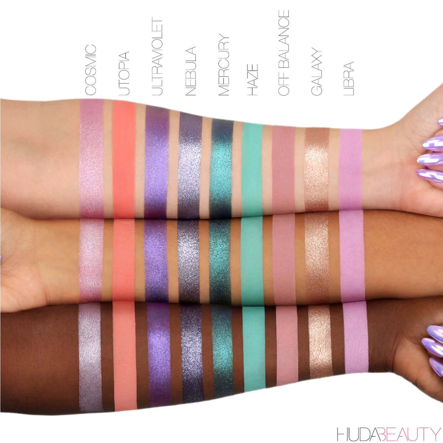 image showing swatch of Huda Beauty Mercury Retrograde Eyeshadow Palette available at Heygirl.pk for delivery in Pakistan