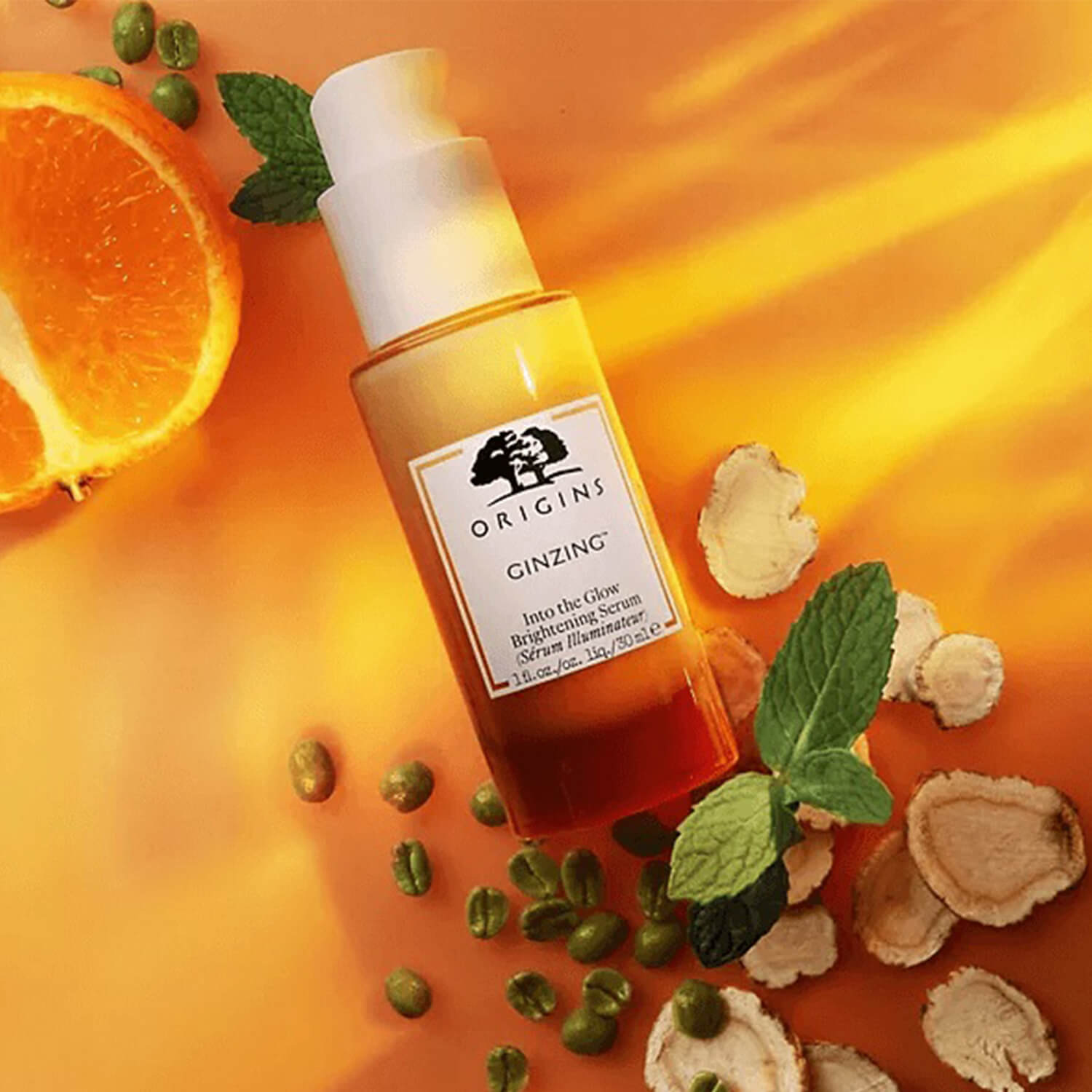 image showing ingredients of Origins Ginzing Brightening Serum for skin brightness available at Heygirl.pk for delivery in Pakistan