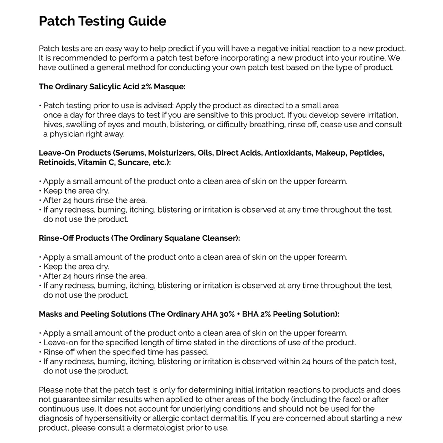 image showing patch test guide by The Ordinary skincare routine