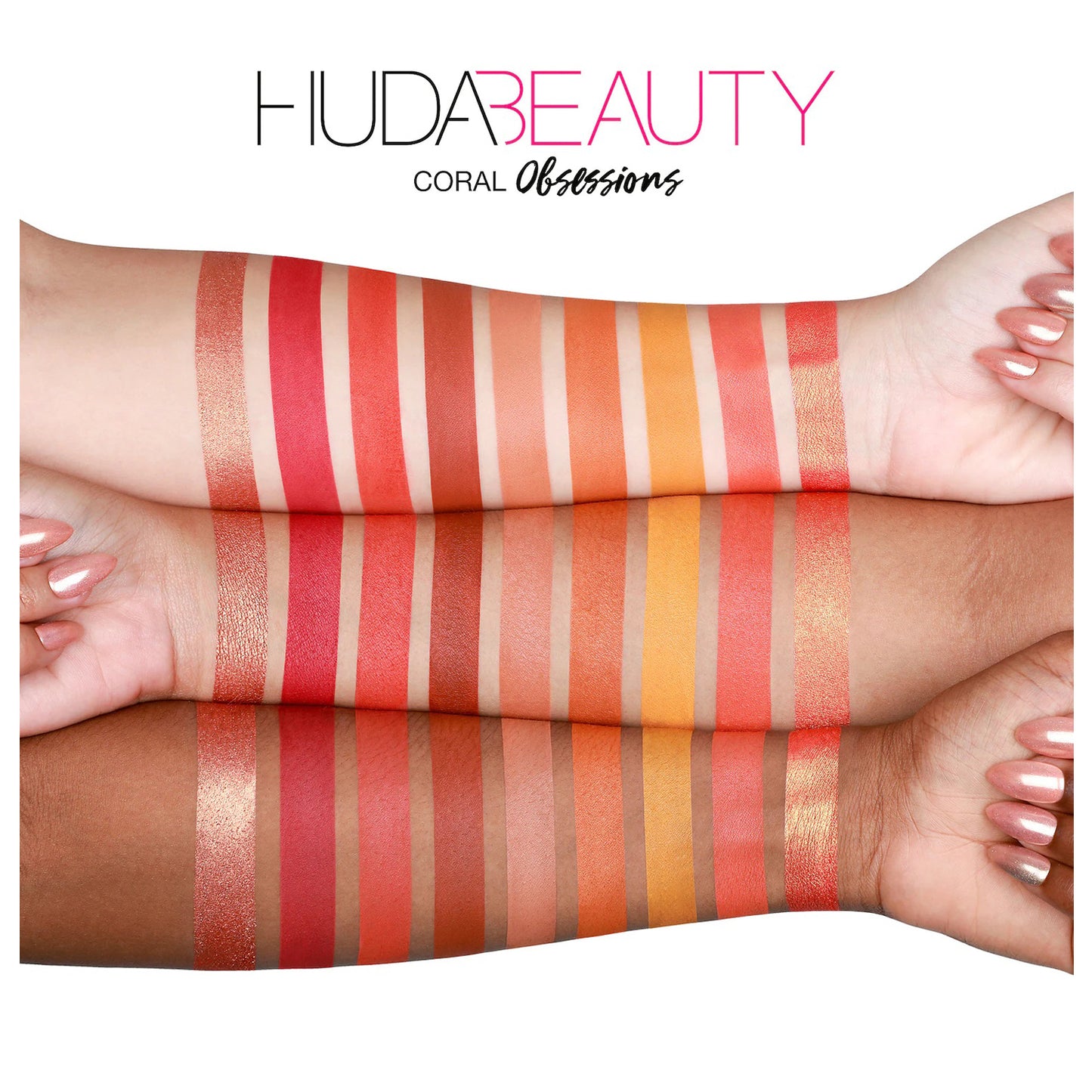 swatch of Huda Beauty Coral Obsessions Palette available at Heygirl.pk for delivery in Pakistan