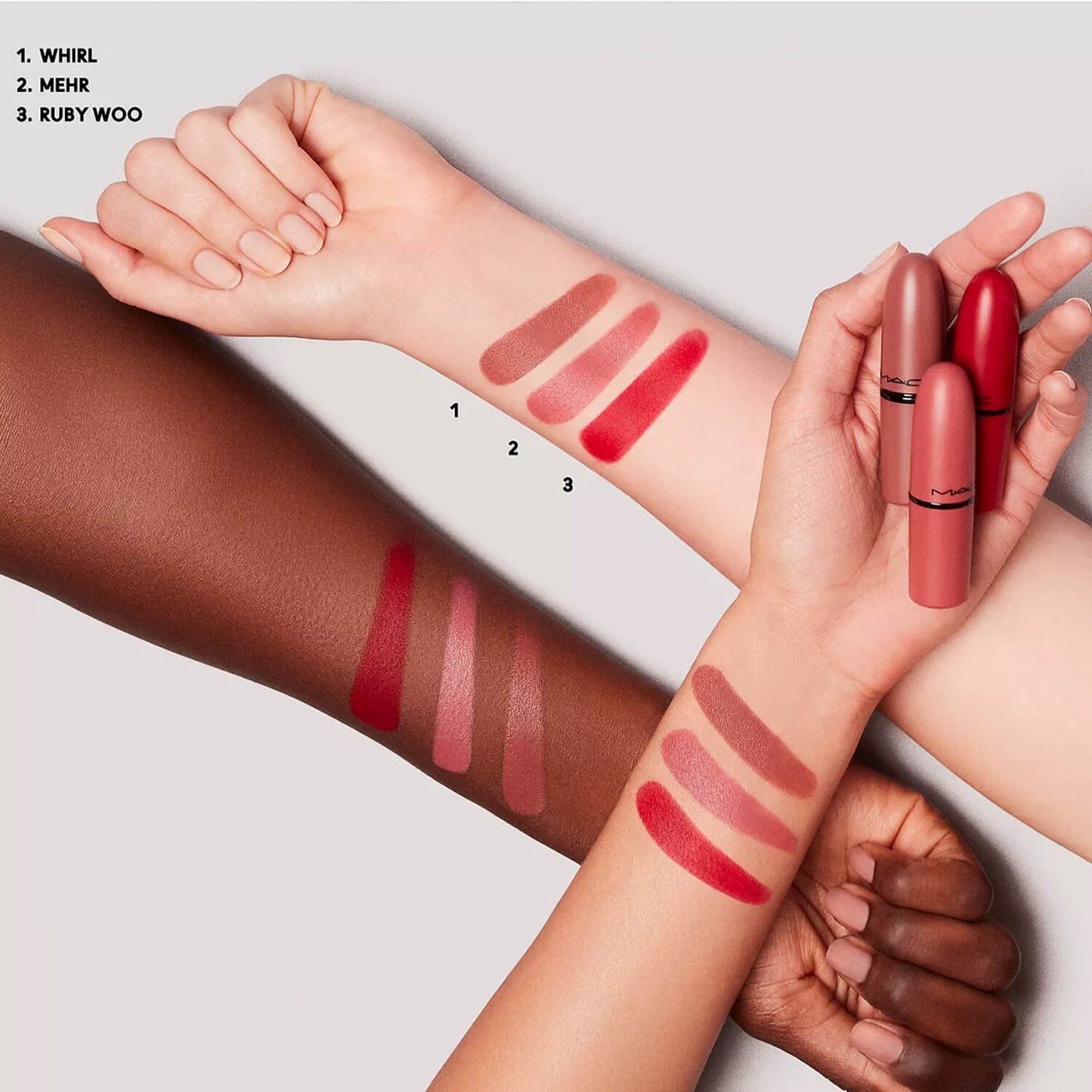 swatch of mac lipstick trio set in whirl, mehr and ruby woo shades available at heygirl.pk for delivery in Pakistan