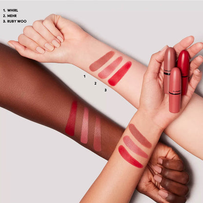 swatch of mac lipstick trio set in whirl, mehr and ruby woo shades available at heygirl.pk for delivery in Pakistan